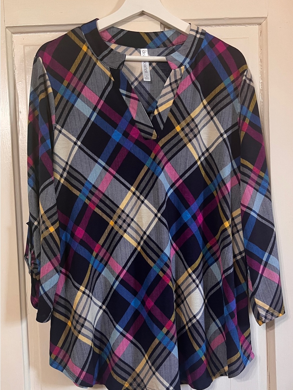 Dear Scarlett Navy Multi-Color Plaid Notch-Neck Tunic - Picture 2 of 8
